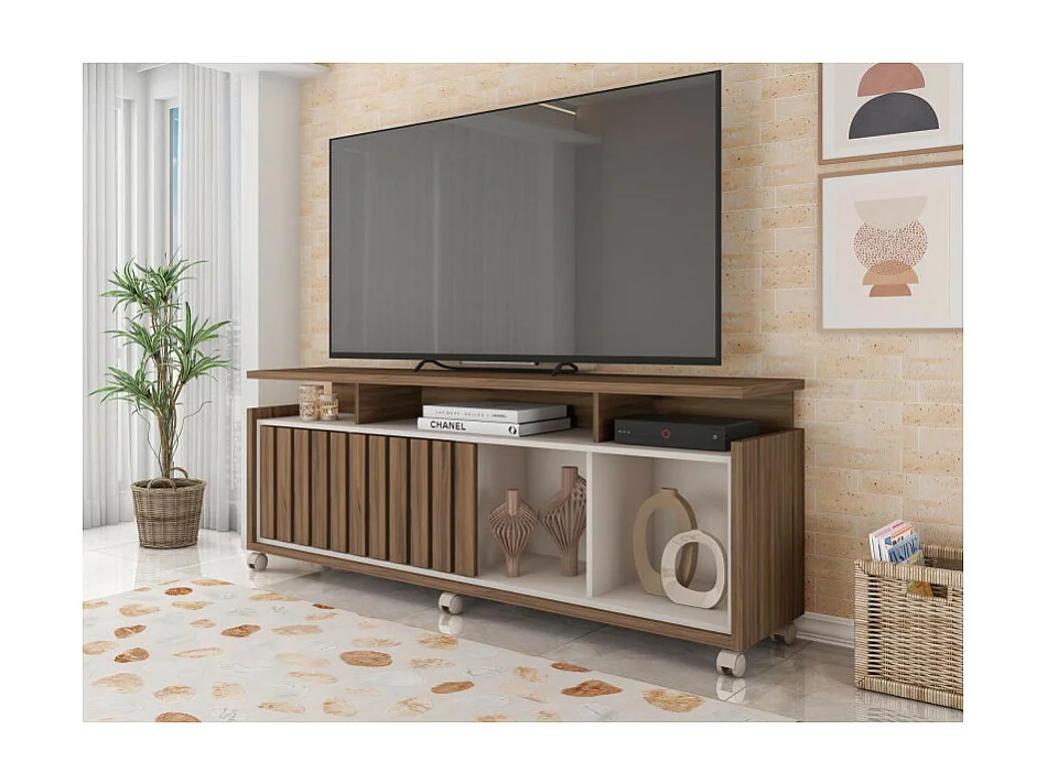 Meuble TV 65 Pouces Noyer et Blanc 7 Niches 6 Roulettes L 160 H 63.4 P 38 cm