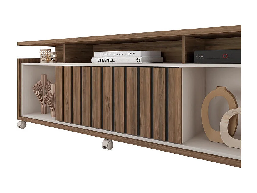 Meuble TV 65 Pouces Noyer et Blanc 7 Niches 6 Roulettes L 160 H 63.4 P 38 cm