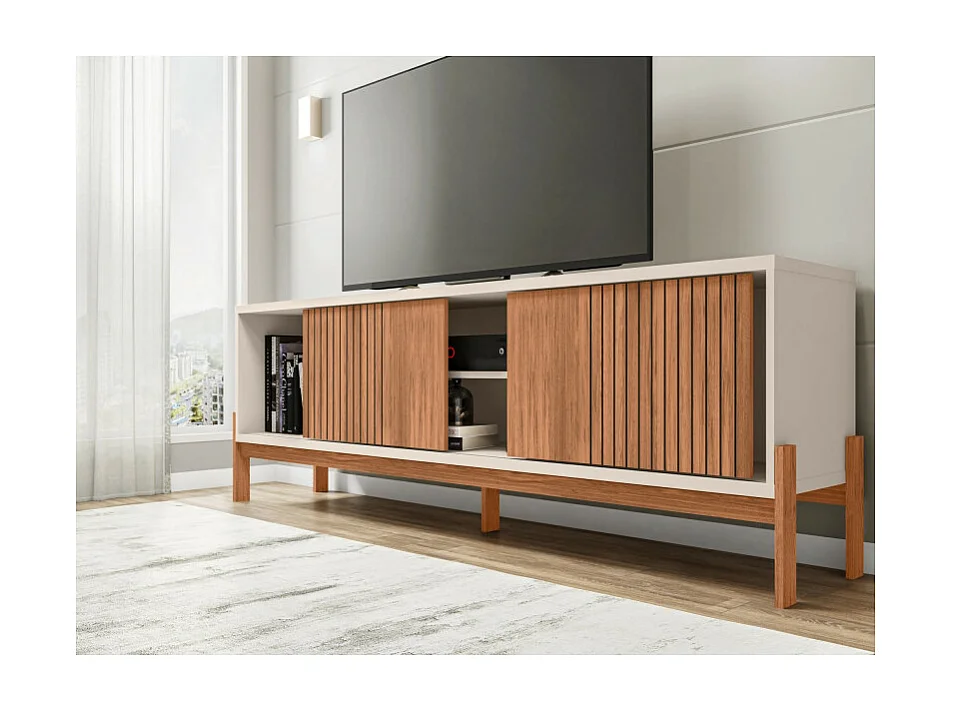 Meuble TV 72 Pouces Chêne et Blanc 2 Portes 4 Niches L 180.6 H 62.6 P 36 cm