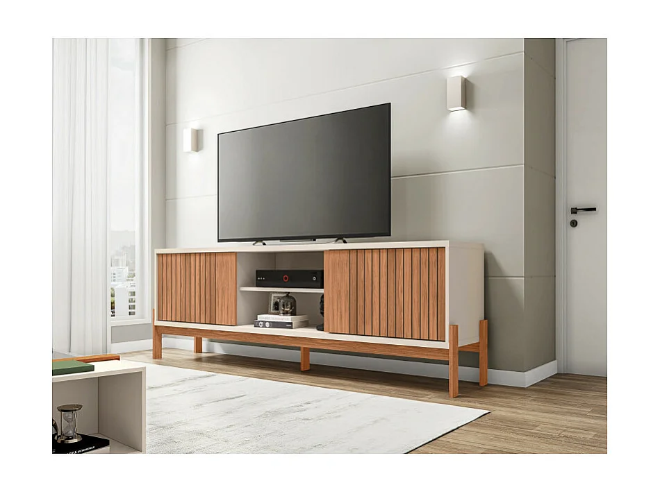 Meuble TV 72 Pouces Chêne et Blanc 2 Portes 4 Niches L 180.6 H 62.6 P 36 cm