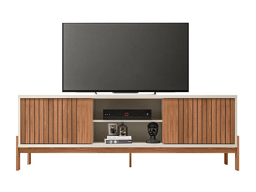 Meuble TV 72 Pouces Chêne et Blanc 2 Portes 4 Niches L 180.6 H 62.6 P 36 cm