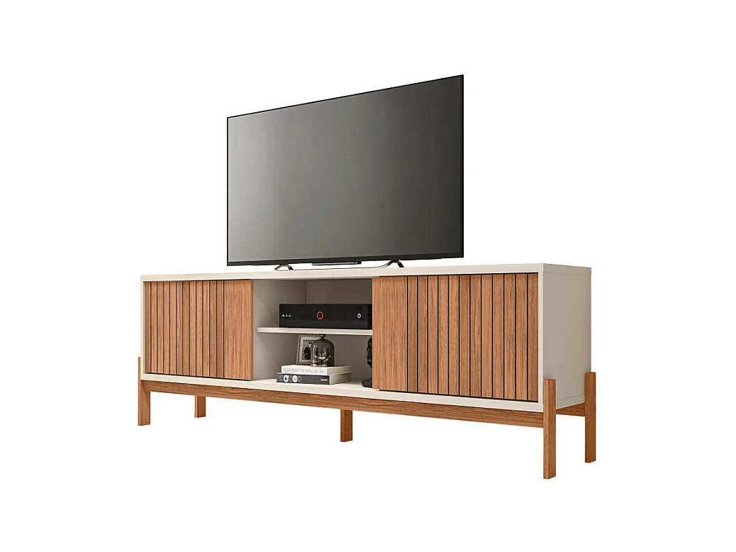 Meuble TV 72 Pouces Chêne et Blanc 2 Portes 4 Niches L 180.6 H 62.6 P 36 cm