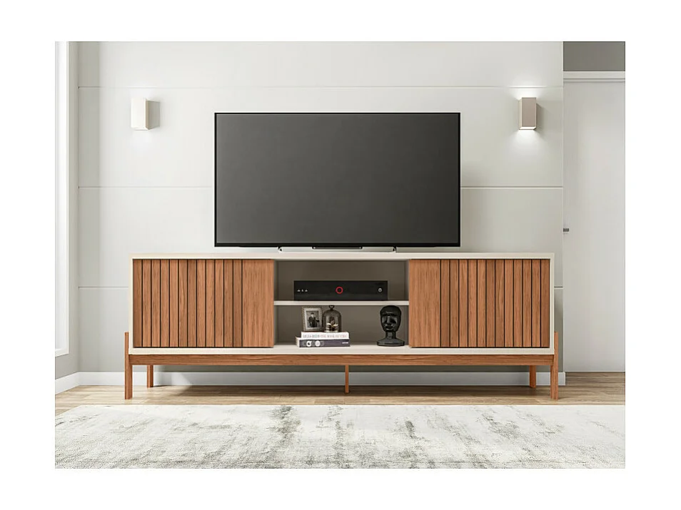 Meuble TV 72 Pouces Chêne et Blanc 2 Portes 4 Niches L 180.6 H 62.6 P 36 cm