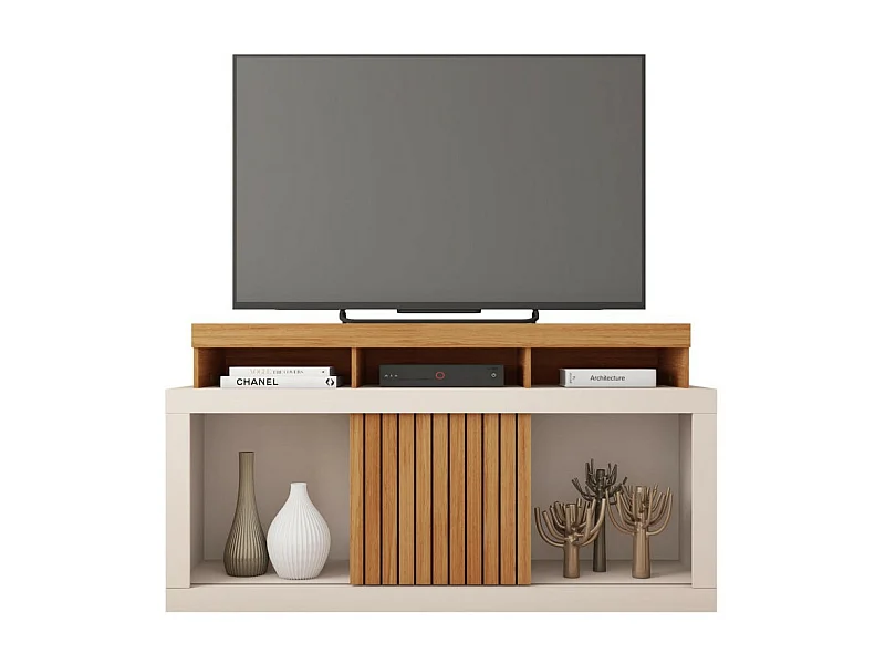 Meuble TV 55 Pouces Chêne et Blanc Ecru 1 Porte 6 Roulettes L 136 H 74 P 39 cm