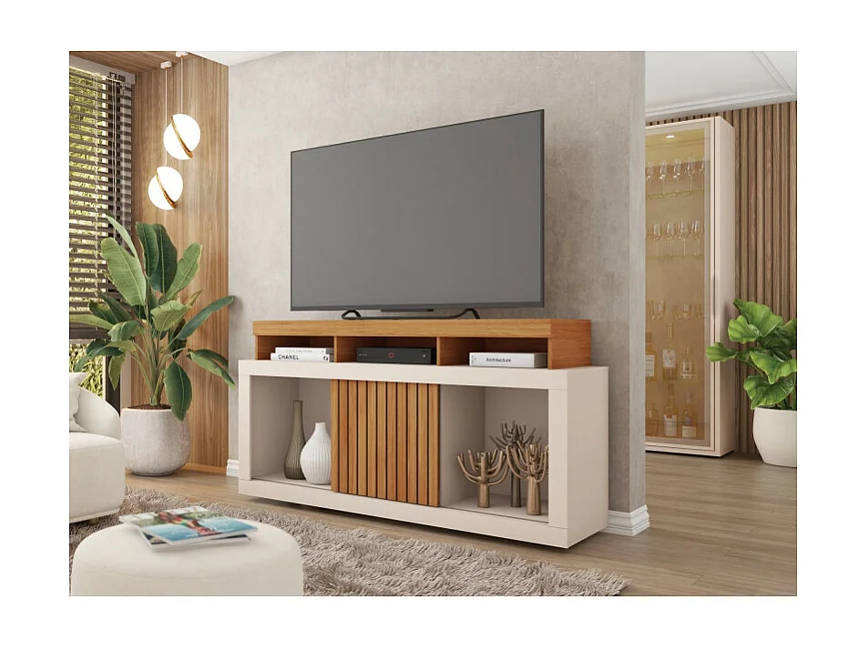 Meuble TV 55 Pouces Chêne et Blanc Ecru 1 Porte 6 Roulettes L 136 H 74 P 39 cm