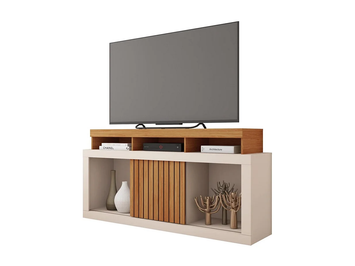 Meuble TV 55 Pouces Chêne et Blanc Ecru 1 Porte 6 Roulettes L 136 H 74 P 39 cm