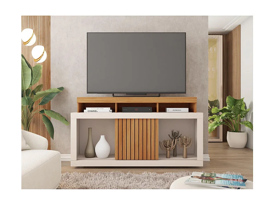 Meuble TV 55 Pouces Chêne et Blanc Ecru 1 Porte 6 Roulettes L 136 H 74 P 39 cm