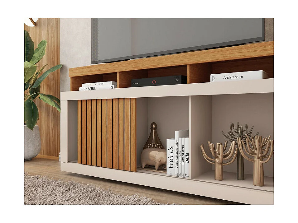 Meuble TV 55 Pouces Chêne et Blanc Ecru 1 Porte 6 Roulettes L 136 H 74 P 39 cm