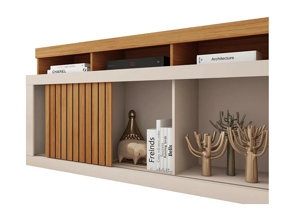 Meuble TV 55 Pouces Chêne et Blanc Ecru 1 Porte 6 Roulettes L 136 H 74 P 39 cm