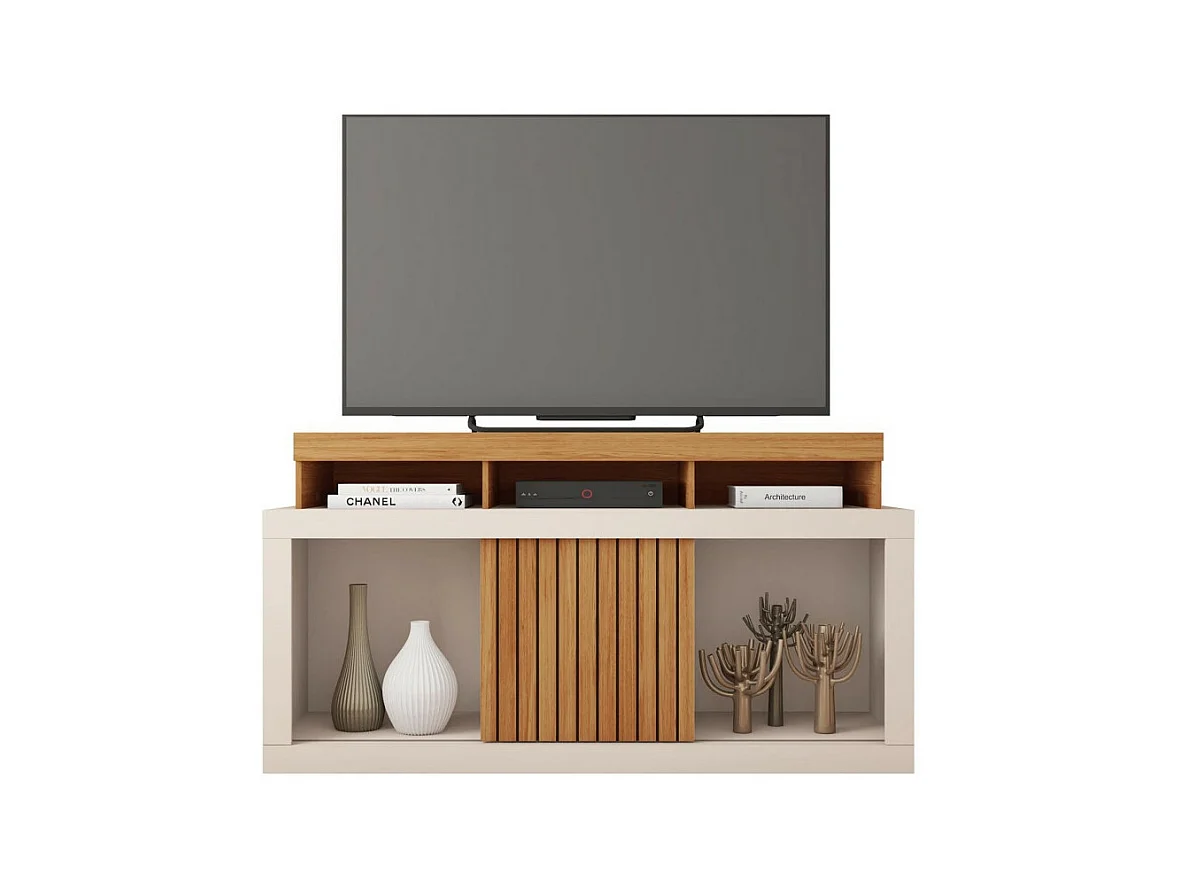 Meuble TV 55 Pouces Chêne et Blanc Ecru 1 Porte 6 Roulettes L 136 H 74 P 39 cm
