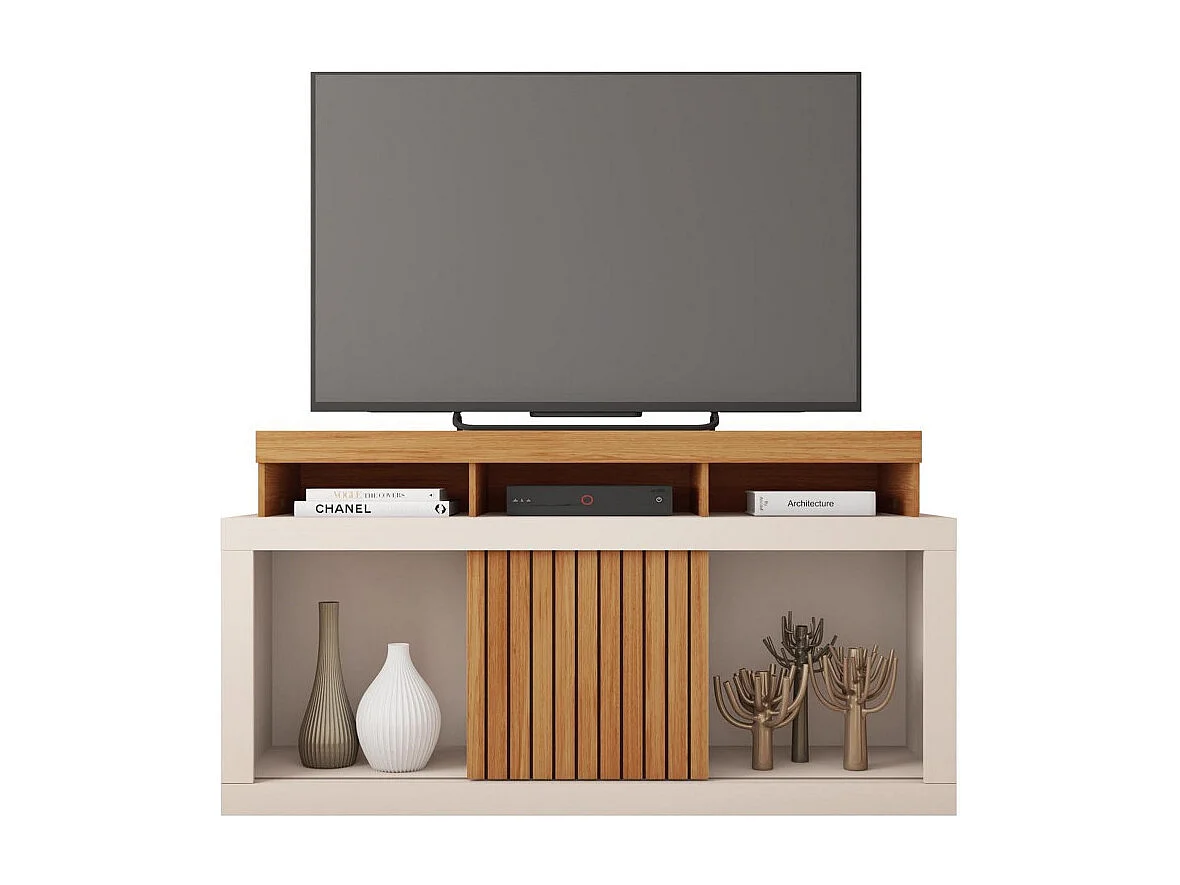 Meuble TV 55 Pouces Chêne et Blanc Ecru 1 Porte 6 Roulettes L 136 H 74 P 39 cm