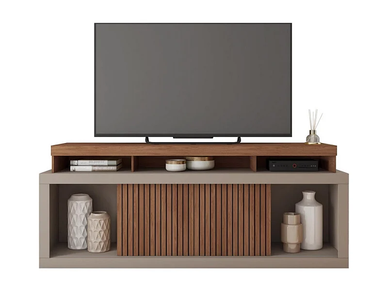 Meuble TV 70 Pouces Wengé et Gris 2 Portes Coulissantes L. 180 H 74 P 39.5 cm