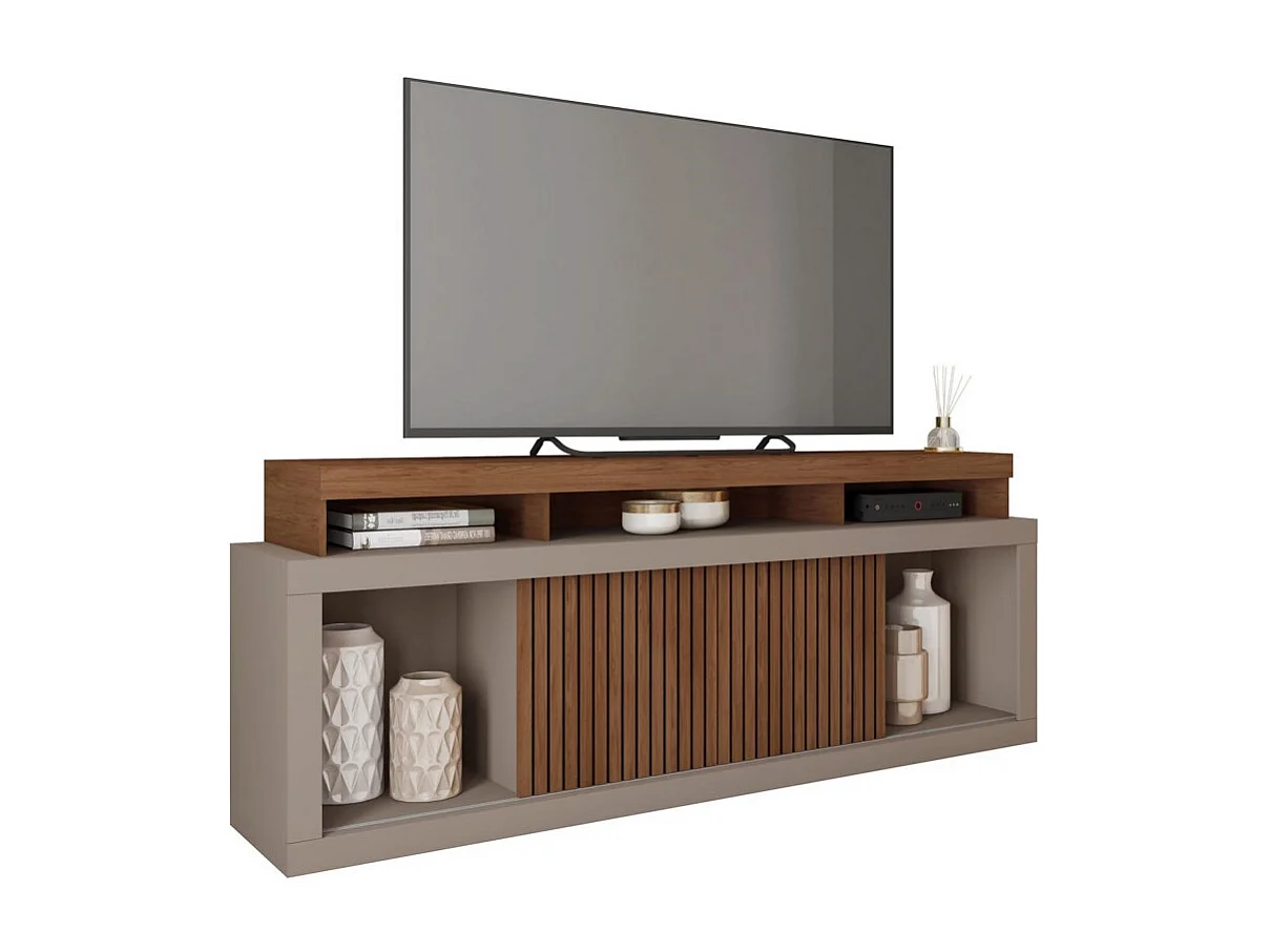 Meuble TV 70 Pouces Wengé et Gris 2 Portes Coulissantes L. 180 H 74 P 39.5 cm