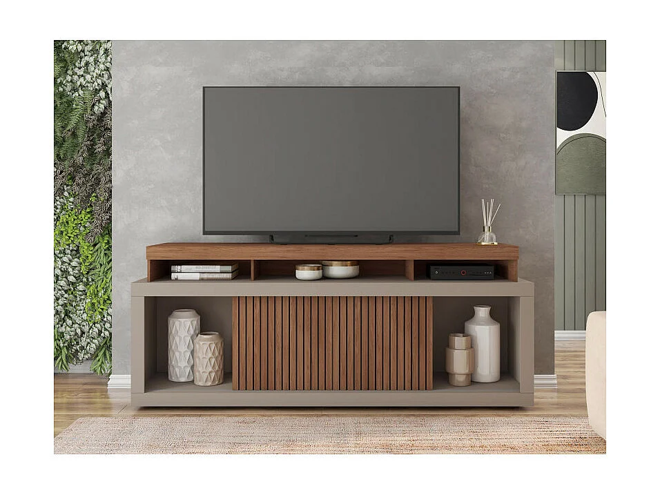 Meuble TV 70 Pouces Wengé et Gris 2 Portes Coulissantes L. 180 H 74 P 39.5 cm