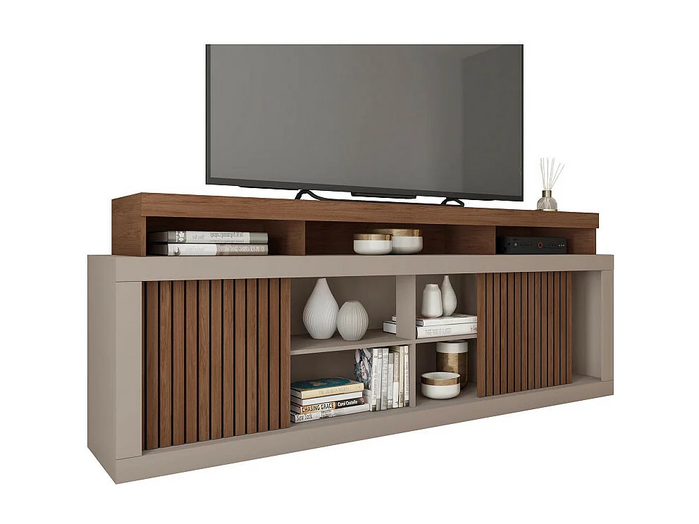 Meuble TV 70 Pouces Wengé et Gris 2 Portes Coulissantes L. 180 H 74 P 39.5 cm