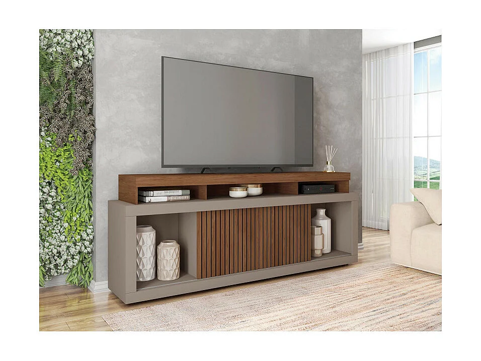 Meuble TV 70 Pouces Wengé et Gris 2 Portes Coulissantes L. 180 H 74 P 39.5 cm