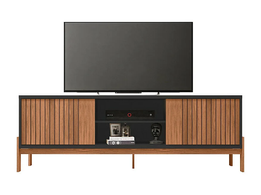 Meuble TV 72 Pouces Chêne et Noir 2 Portes 4 Niches L 180.6 H 62.6 P 36 cm