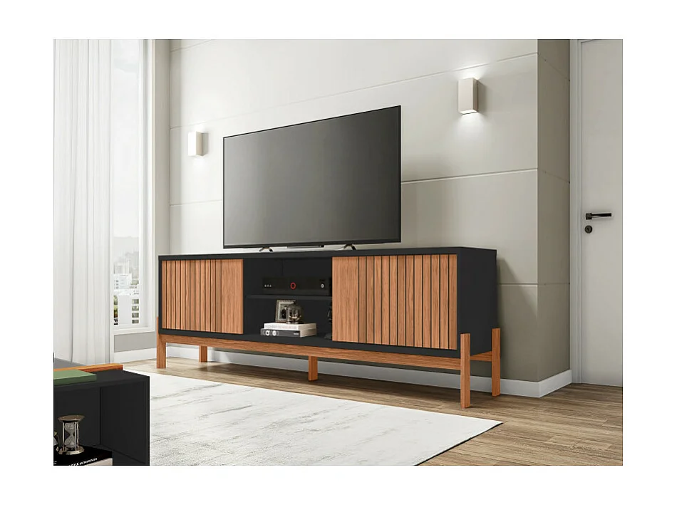 Meuble TV 72 Pouces Chêne et Noir 2 Portes 4 Niches L 180.6 H 62.6 P 36 cm