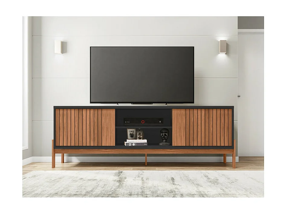 Meuble TV 72 Pouces Chêne et Noir 2 Portes 4 Niches L 180.6 H 62.6 P 36 cm