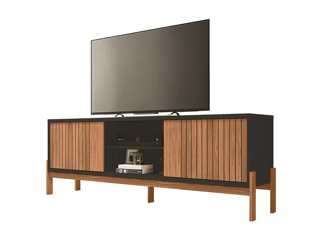 Meuble TV 72 Pouces Chêne et Noir 2 Portes 4 Niches L 180.6 H 62.6 P 36 cm