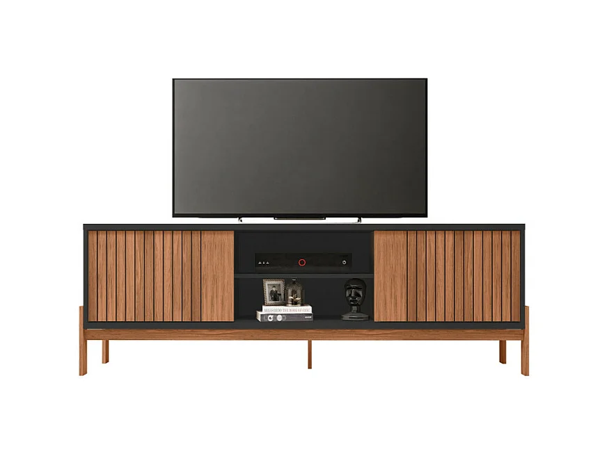 Meuble TV 72 Pouces Chêne et Noir 2 Portes 4 Niches L 180.6 H 62.6 P 36 cm