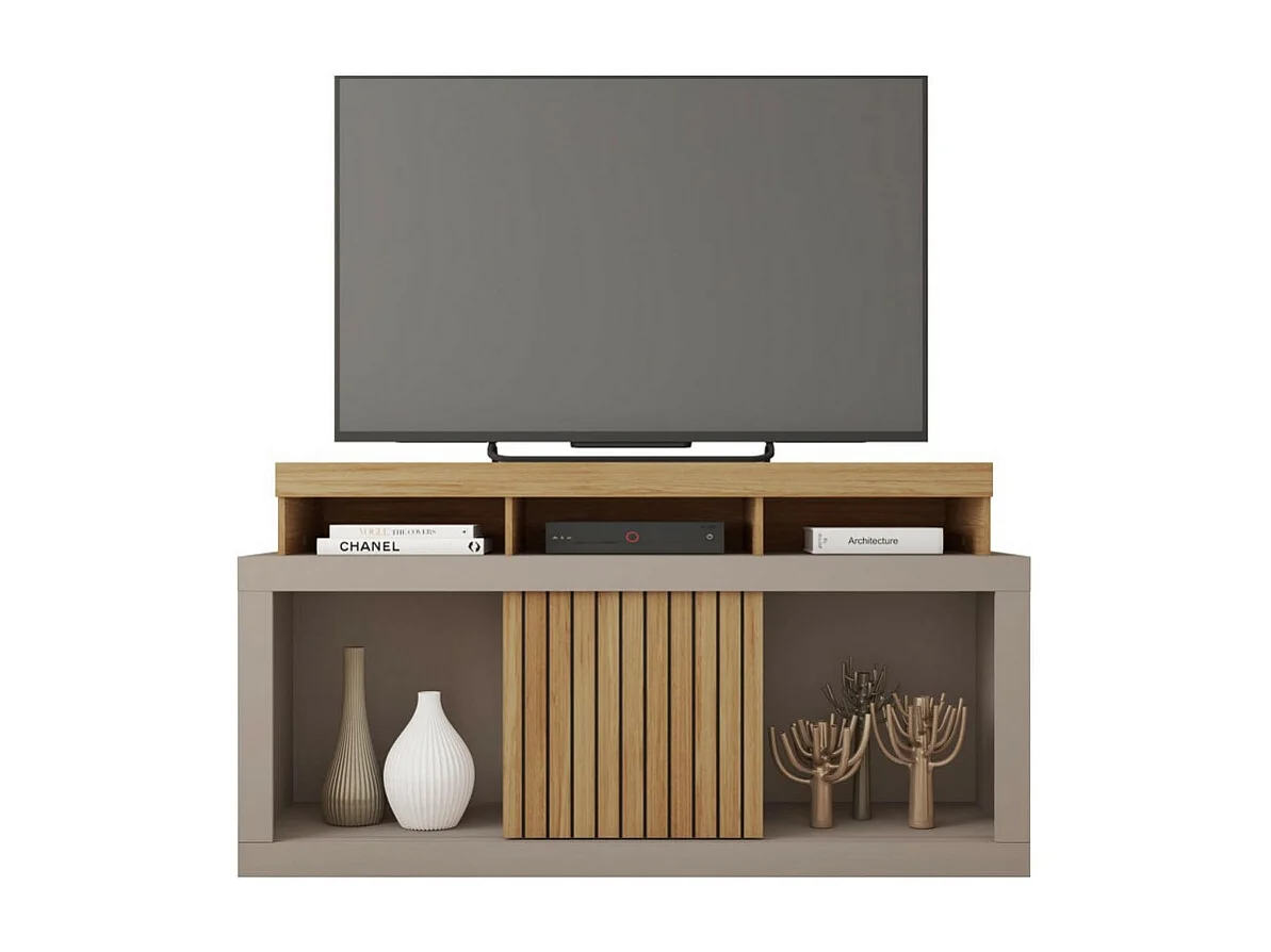 Meuble TV 55 Pouces Chêne et Gris 1 Porte 6 Roulettes L 136 H 74 P 39 cm