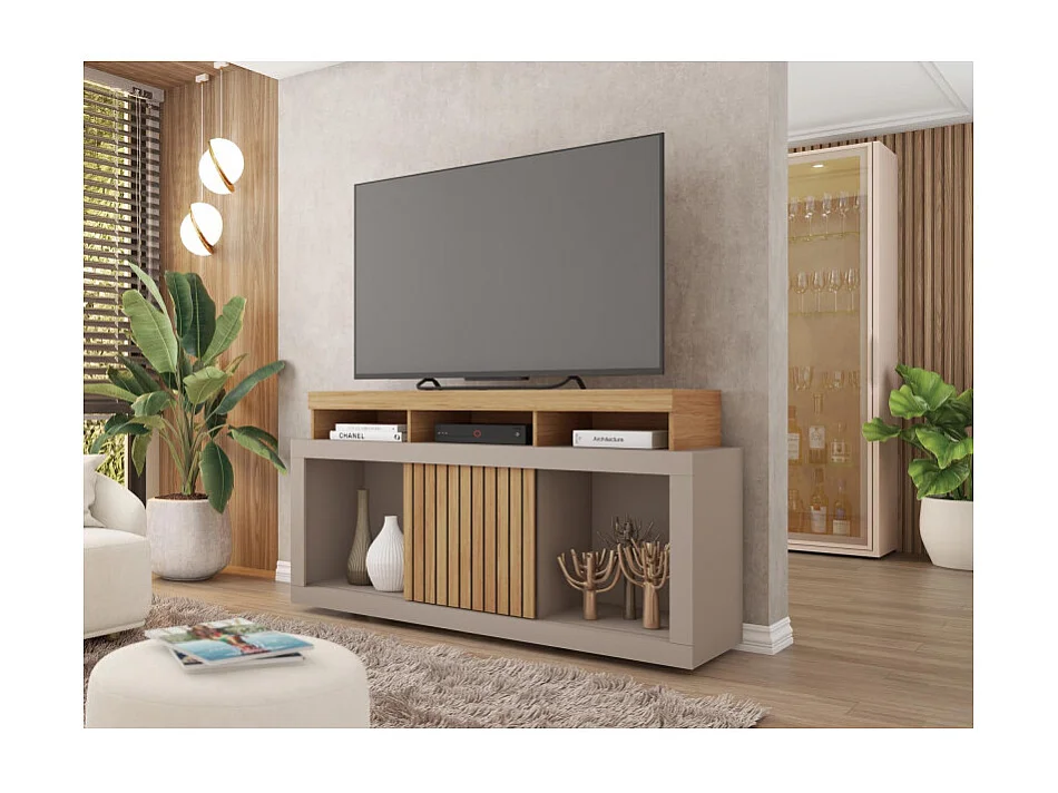 Meuble TV 55 Pouces Chêne et Gris 1 Porte 6 Roulettes L 136 H 74 P 39 cm