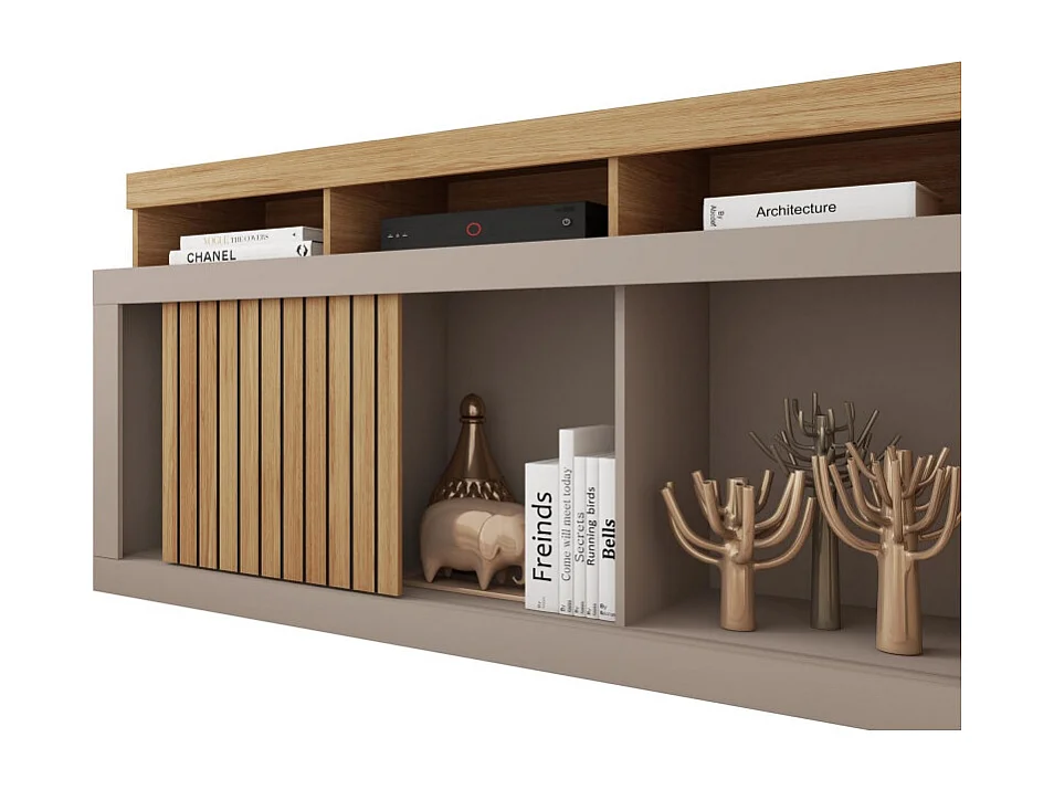 Meuble TV 55 Pouces Chêne et Gris 1 Porte 6 Roulettes L 136 H 74 P 39 cm