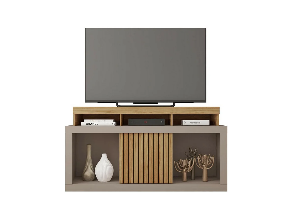 Meuble TV 55 Pouces Chêne et Gris 1 Porte 6 Roulettes L 136 H 74 P 39 cm