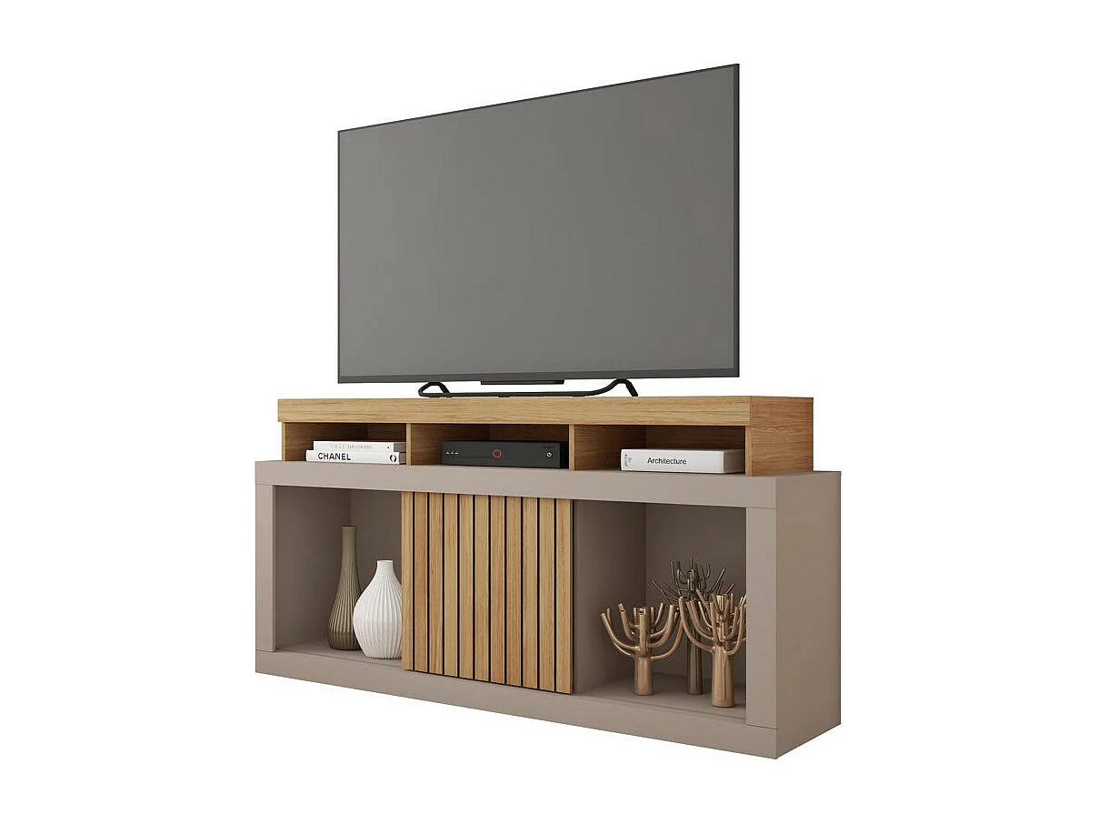 Meuble TV 55 Pouces Chêne et Gris 1 Porte 6 Roulettes L 136 H 74 P 39 cm