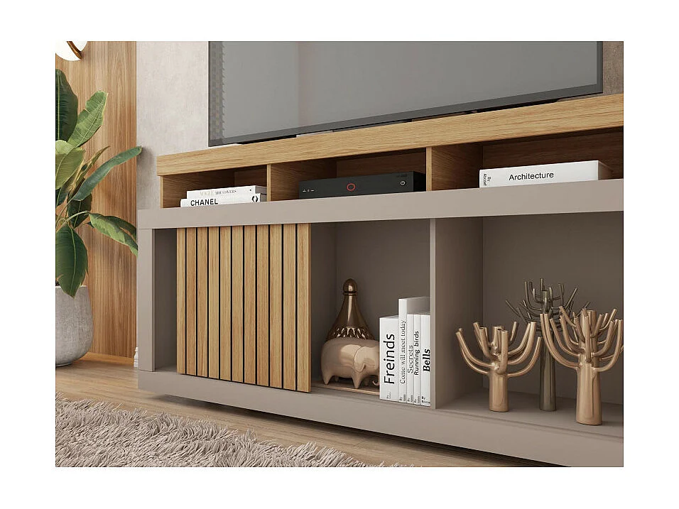 Meuble TV 55 Pouces Chêne et Gris 1 Porte 6 Roulettes L 136 H 74 P 39 cm