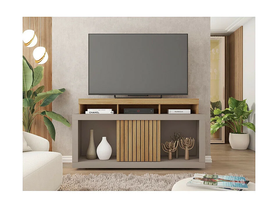 Meuble TV 55 Pouces Chêne et Gris 1 Porte 6 Roulettes L 136 H 74 P 39 cm