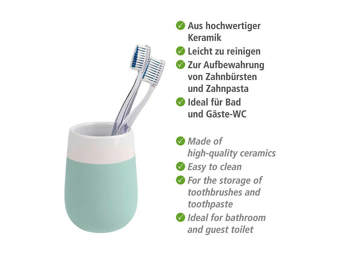 Gobelet pour brosse à dents en céramique "Malta" - Vert Menthe/Blanc - D 8 x 11 cm