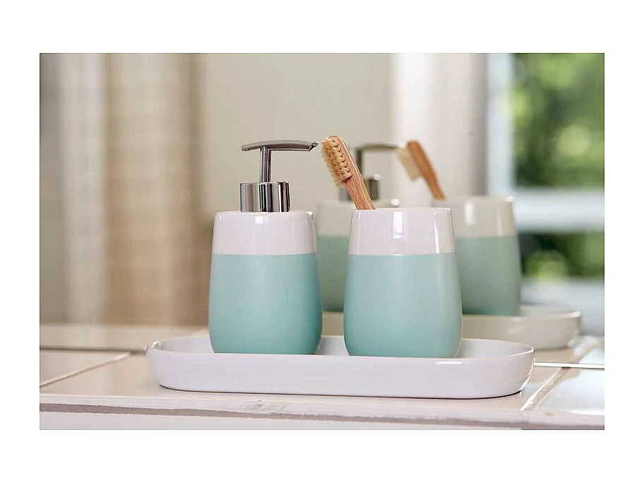 Gobelet pour brosse à dents en céramique "Malta" - Vert Menthe/Blanc - D 8 x 11 cm