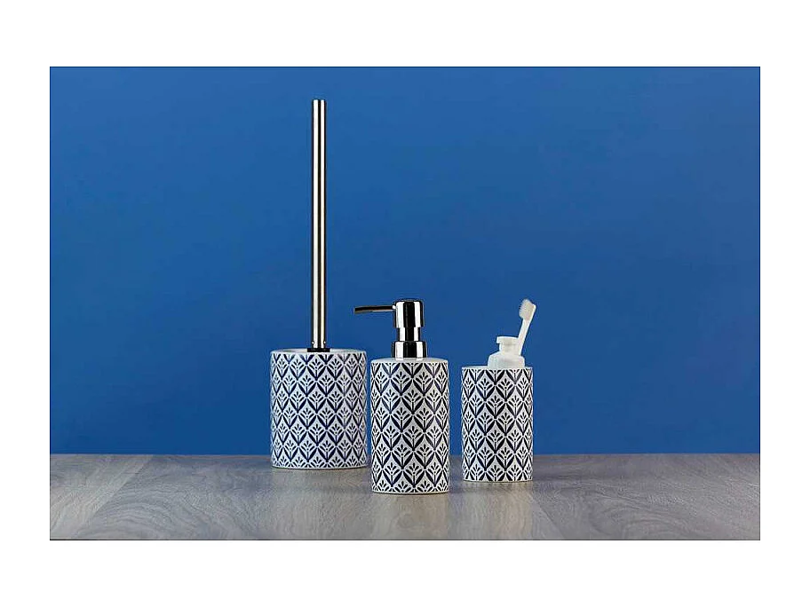 Gobelet porte-brosses à dents en céramique "Lorca" - Blanc/Bleu - D 6,5 x H 11 cm