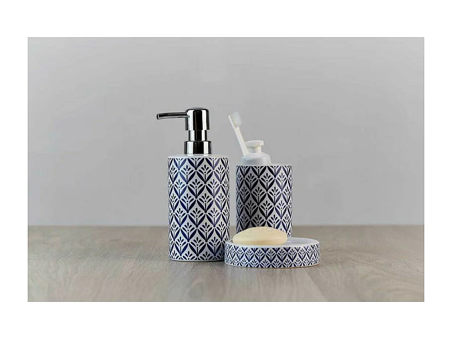 Gobelet porte-brosses à dents en céramique "Lorca" - Blanc/Bleu - D 6,5 x H 11 cm