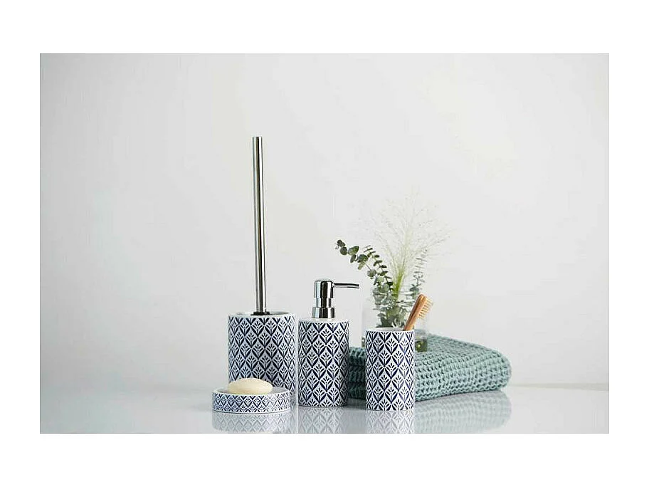 Gobelet porte-brosses à dents en céramique "Lorca" - Blanc/Bleu - D 6,5 x H 11 cm