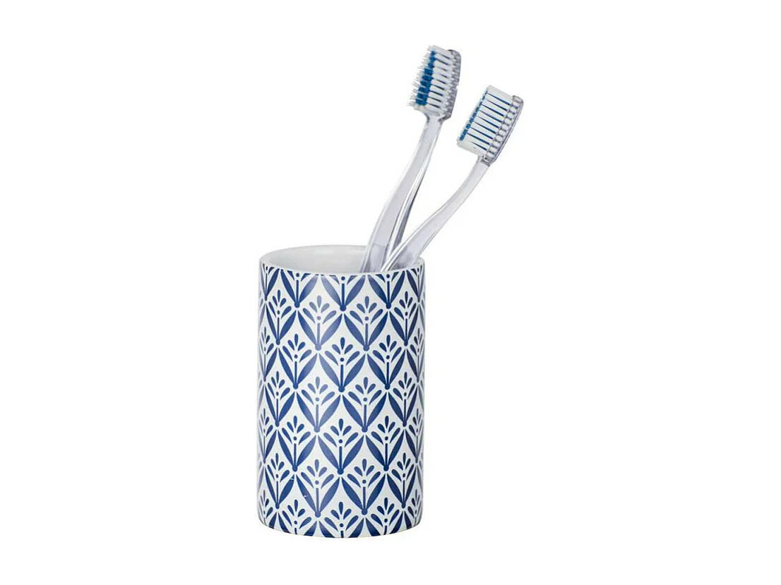 Gobelet porte-brosses à dents en céramique "Lorca" - Blanc/Bleu - D 6,5 x H 11 cm