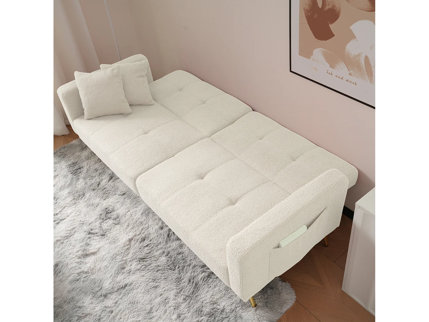 Canapé convertible avec dossier réglable - 2 places - tissu bouclette - Blanc