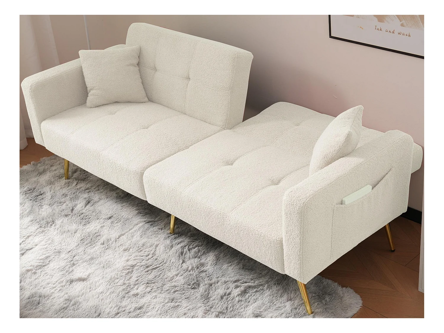 Canapé convertible avec dossier réglable - 2 places - tissu bouclette - Blanc