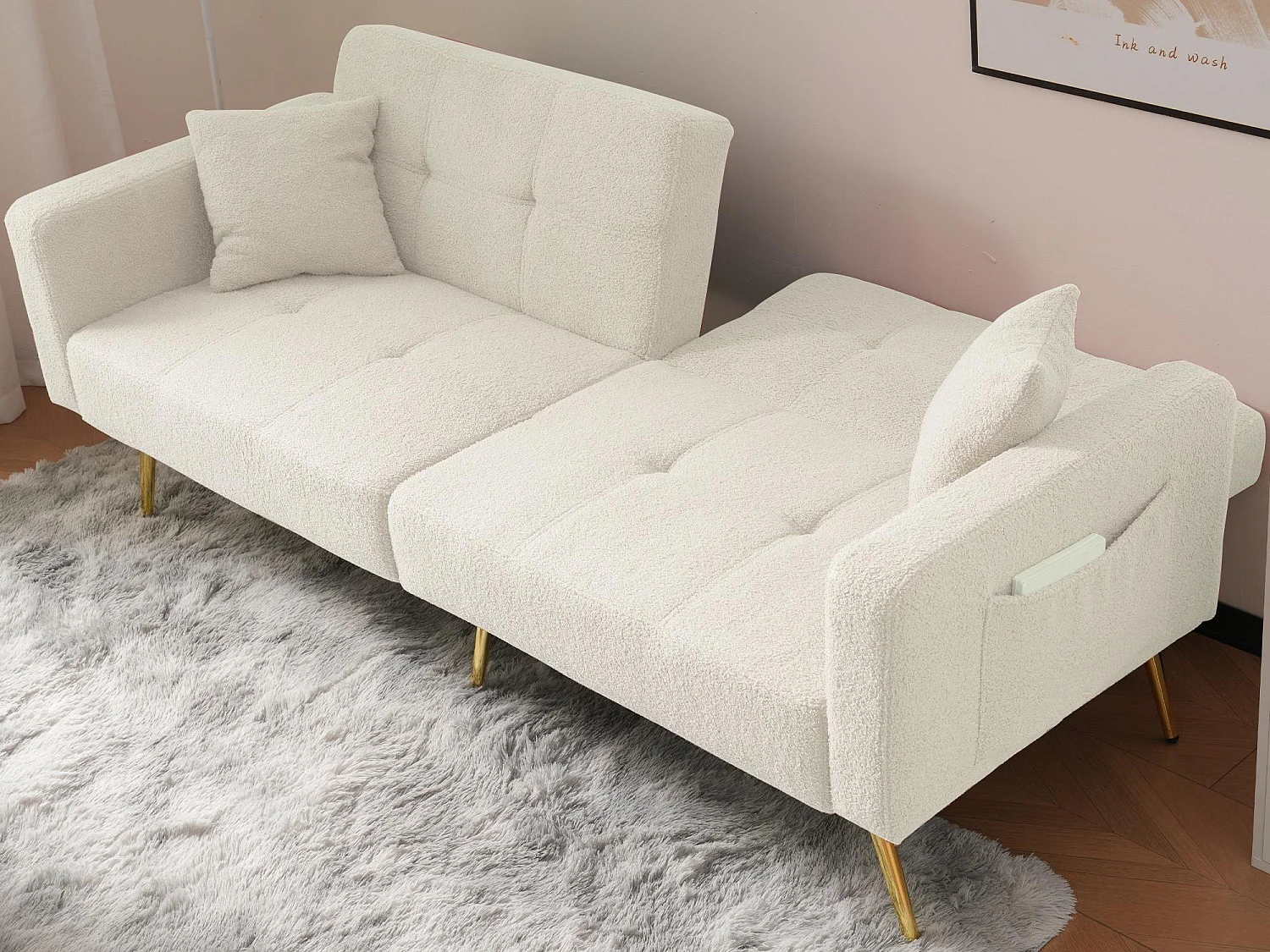 Umwandelbares Sofa mit verstellbarer Rückenlehne – 2 Plätze – French-Terry-Stoff – Weiß