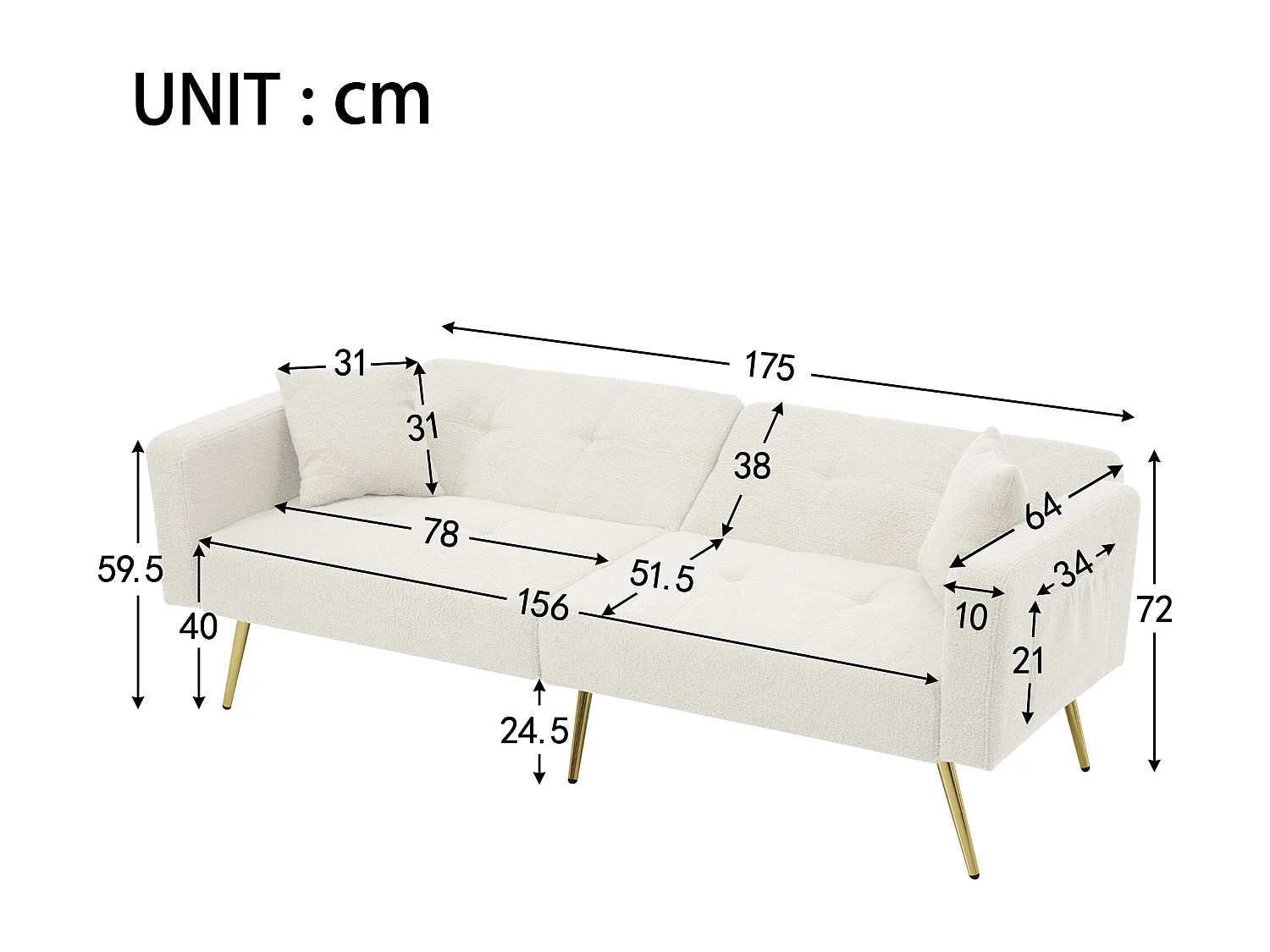 Umwandelbares Sofa mit verstellbarer Rückenlehne – 2 Plätze – French-Terry-Stoff – Weiß