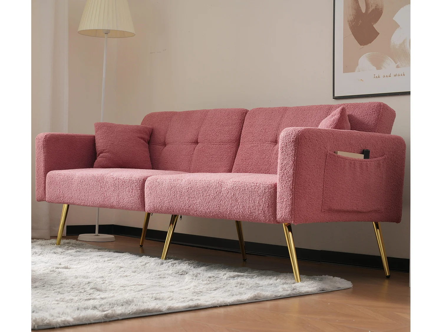 Canapé convertible avec dossier réglable - 2 places - tissu bouclette - Rose