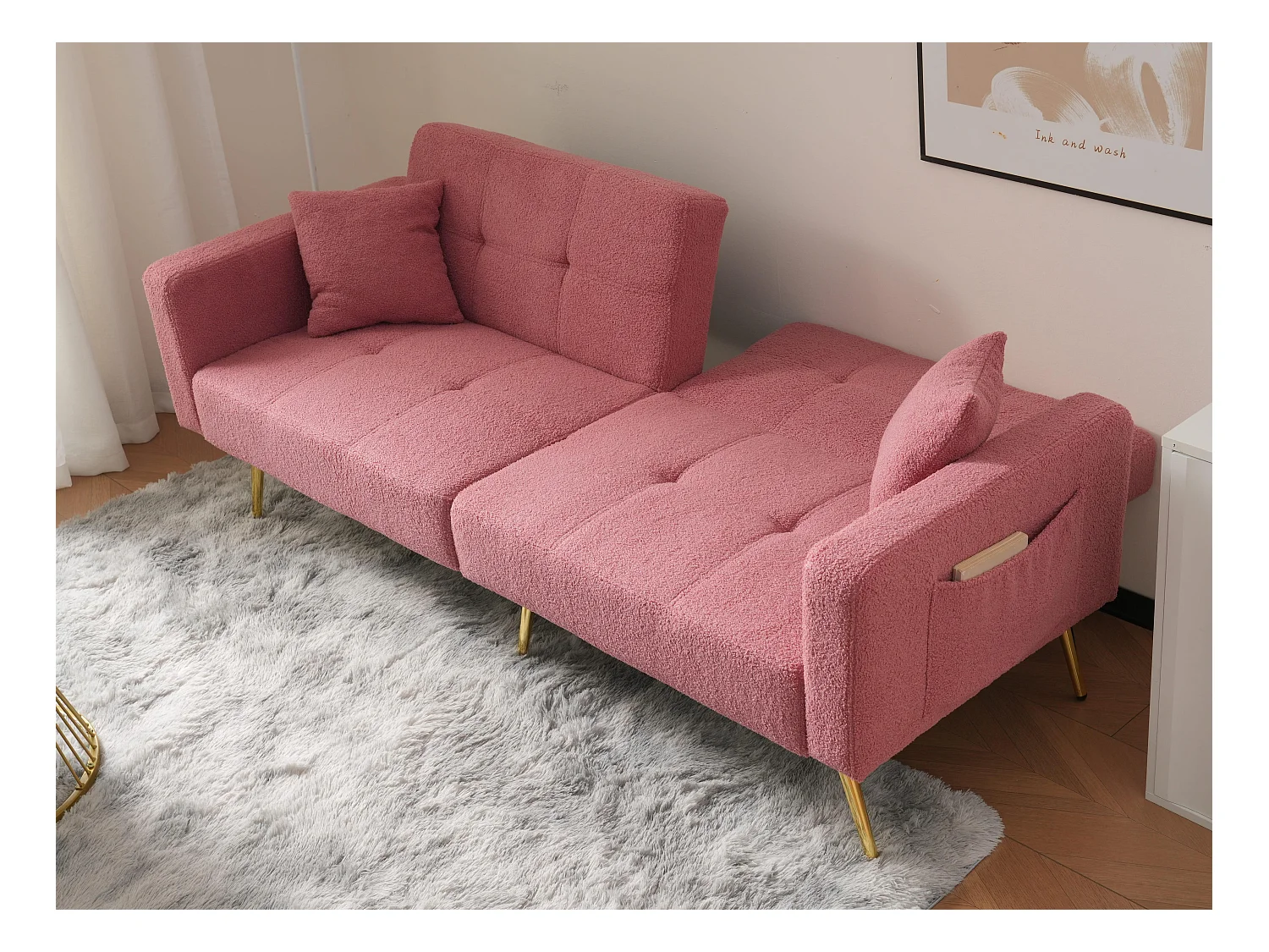 Canapé convertible avec dossier réglable - 2 places - tissu bouclette - Rose