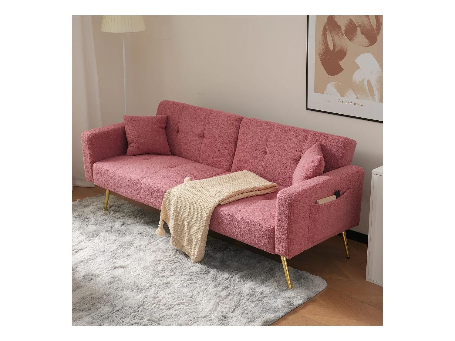 Canapé convertible avec dossier réglable - 2 places - tissu bouclette - Rose