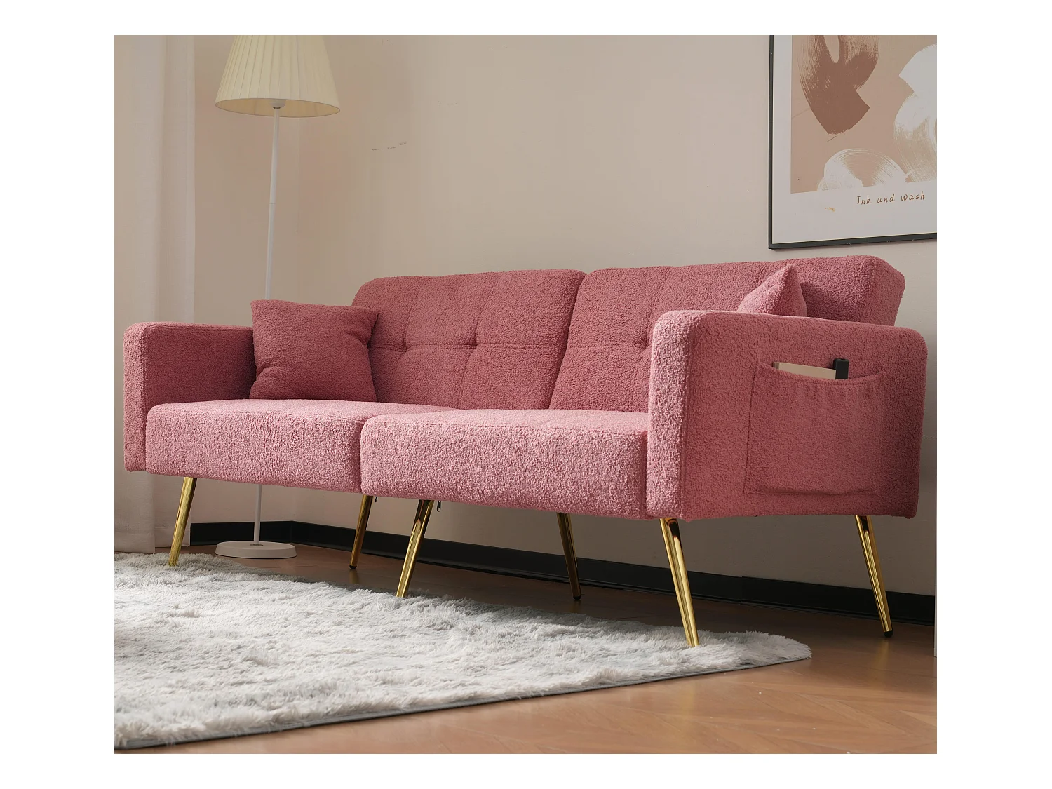 Canapé convertible avec dossier réglable - 2 places - tissu bouclette - Rose