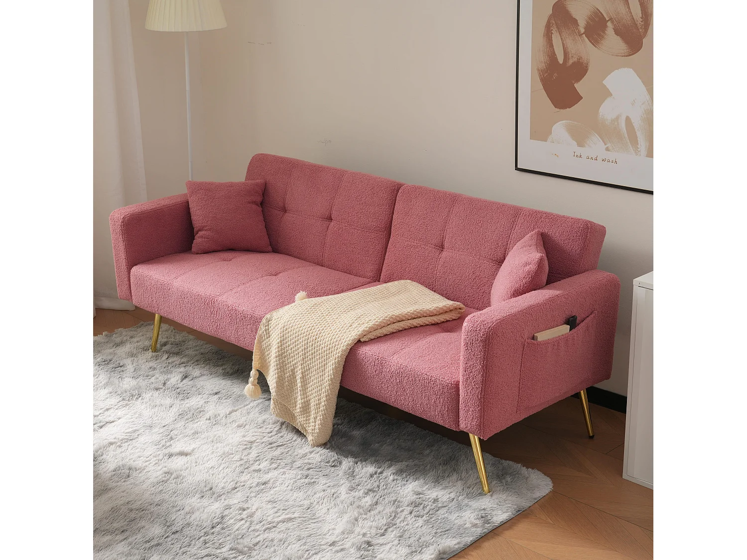 Canapé convertible avec dossier réglable - 2 places - tissu bouclette - Rose