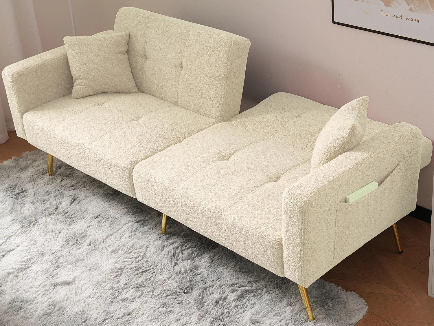 Umwandelbares Sofa mit verstellbarer Rückenlehne – 2 Plätze – French-Terry-Stoff – Beige