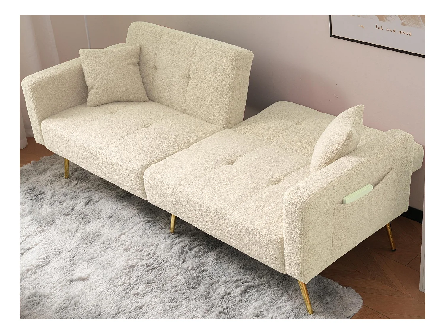 Canapé convertible avec dossier réglable - 2 places - tissu bouclette - Beige
