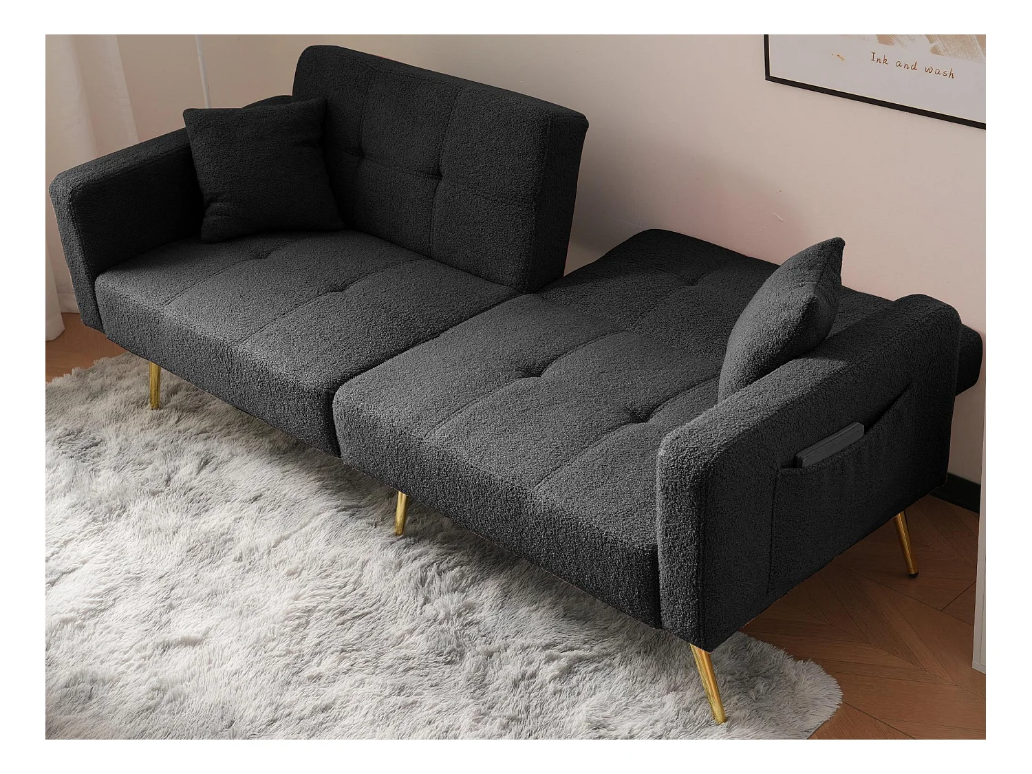 Canapé convertible avec dossier réglable - 2 places - tissu bouclette - Gris